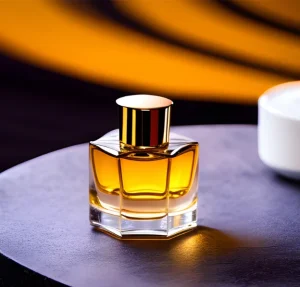 Un frasco de cristal de un perfume sobre una mesa